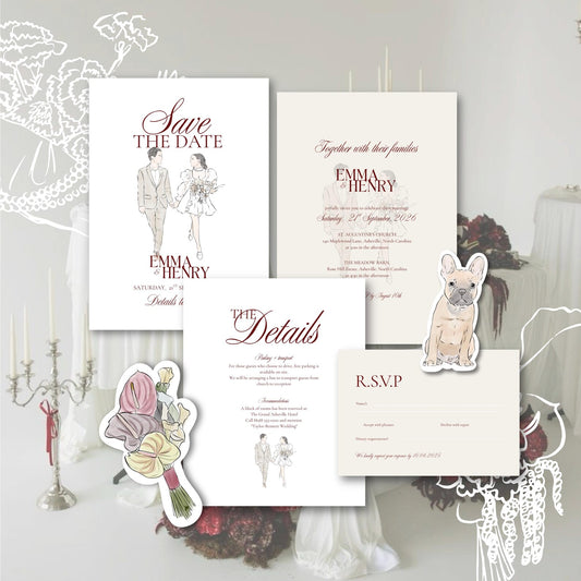 Custom Illustration Wedding Invitation Template - Printable Invitation Suite
