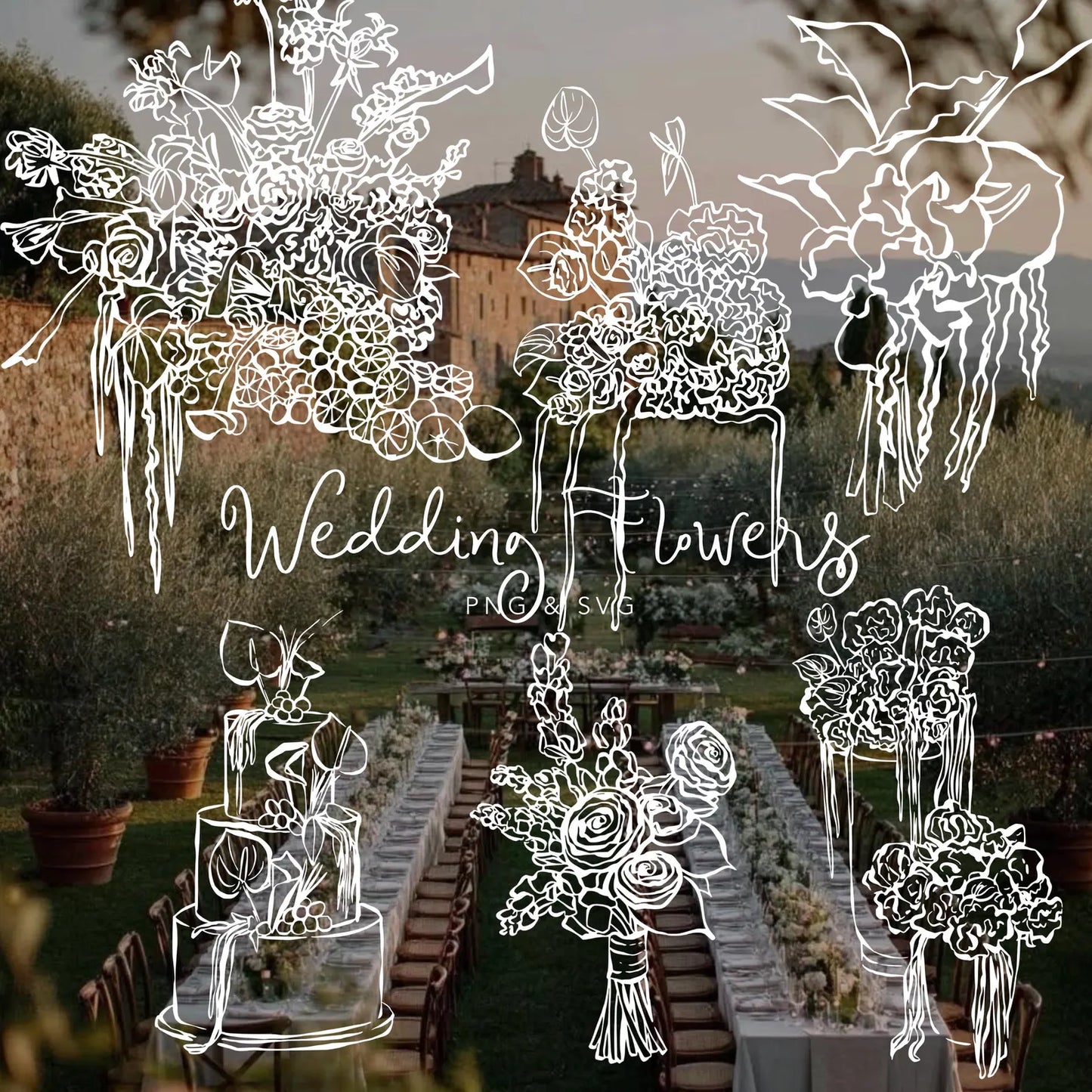 Wedding Flowers Line Art Illustration (PNG, SVG)