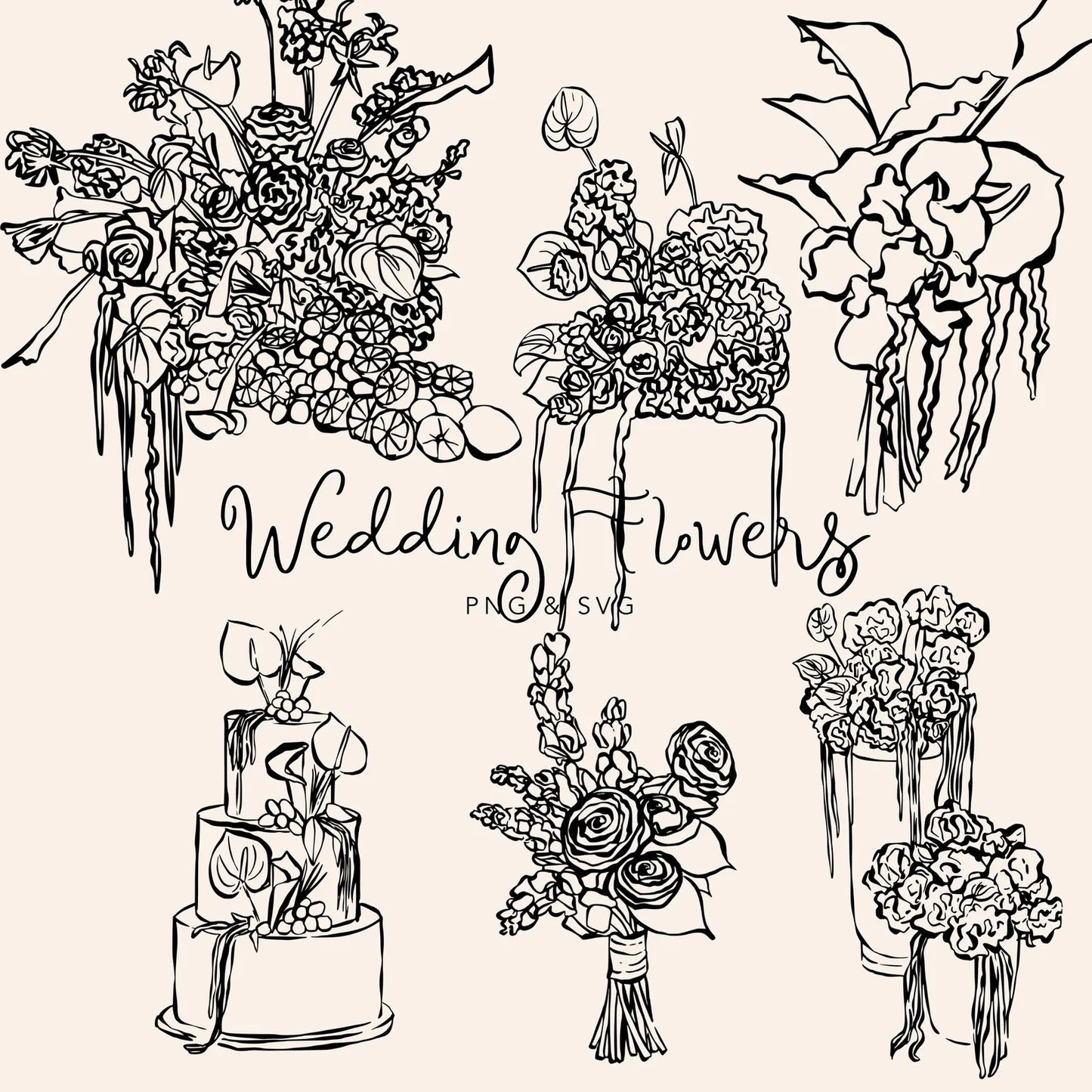 Wedding Flowers Line Art Illustration (PNG, SVG)