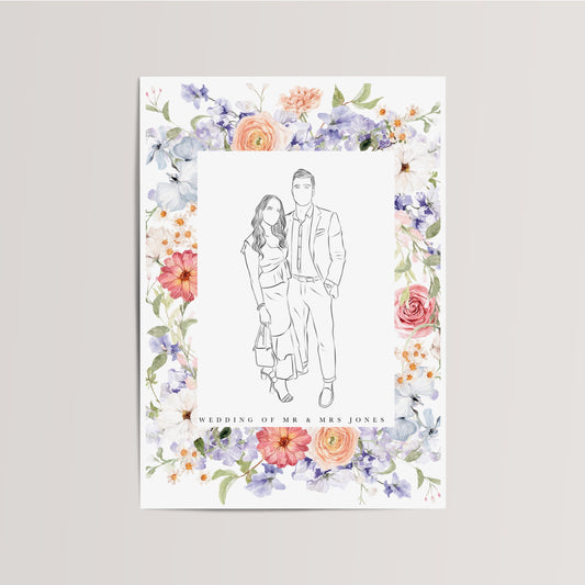 Personalized Line Drawing with Flower Frame