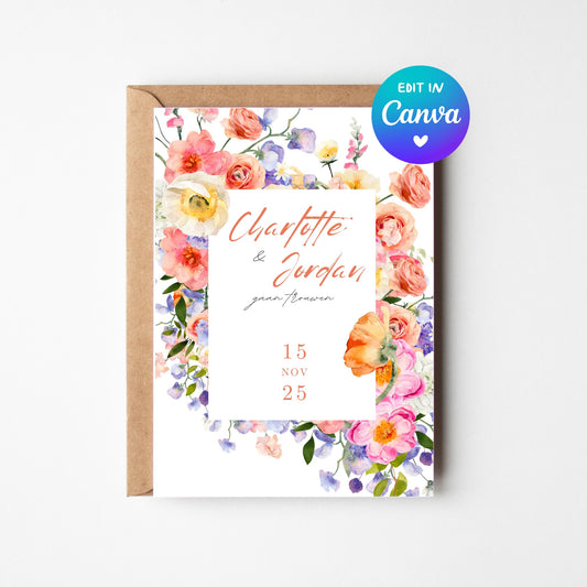 Digitale Bloemen Border TrouwKaart & Save the Date - Directe Download