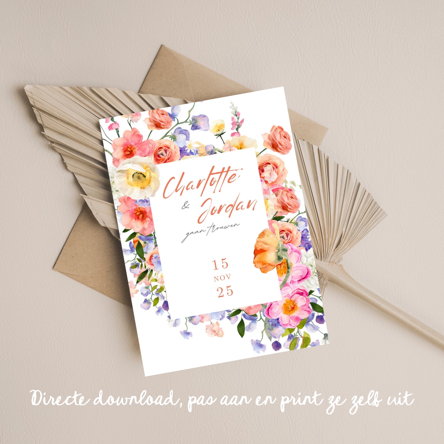 Digitale Bloemen Border TrouwKaart & Save the Date - Directe Download